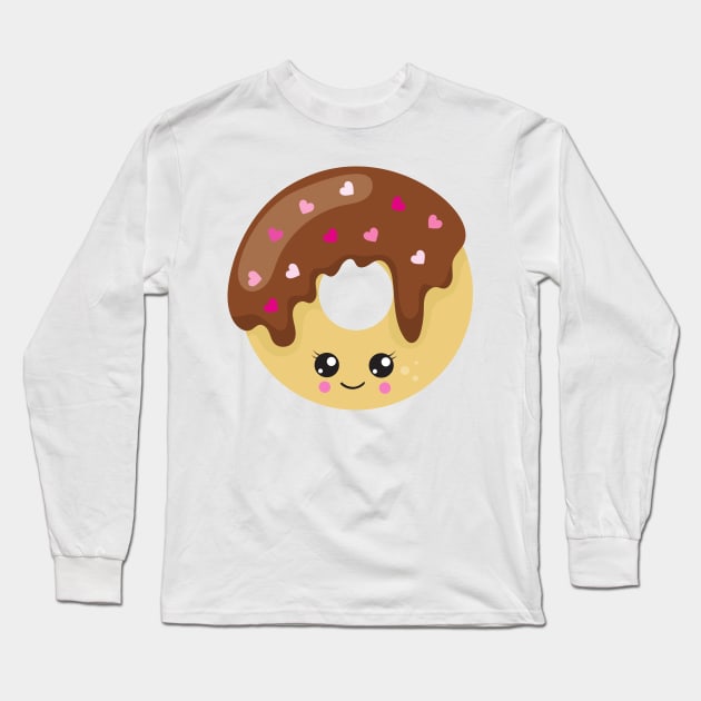 Kawaii Donut, Chocolate Donut, Doughnut, Hearts Long Sleeve T-Shirt by Jelena Dunčević